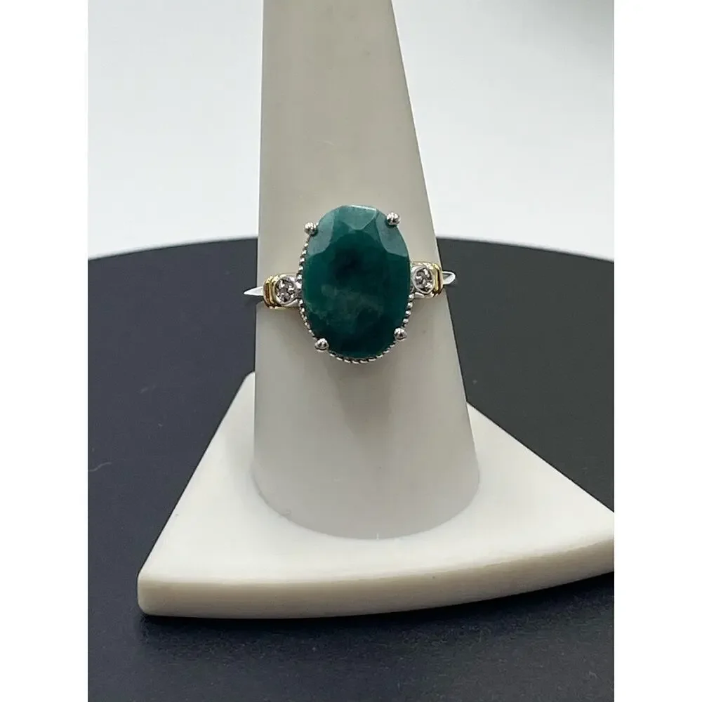 Designer Signed Sterling 925 India YS Natural Green Faceted Prong Beryl Ring‎ 9